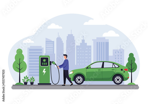 A man charging an electric vehicle at a charging station in a city setting.