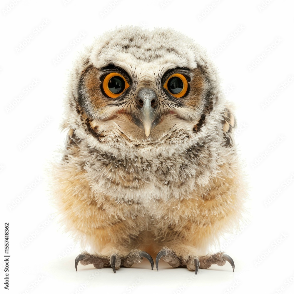 Fototapeta premium Frontal portrait of a fluffy spotted eagle owl chick staring intensely with its captivating orange eyes, isolated on a white background
