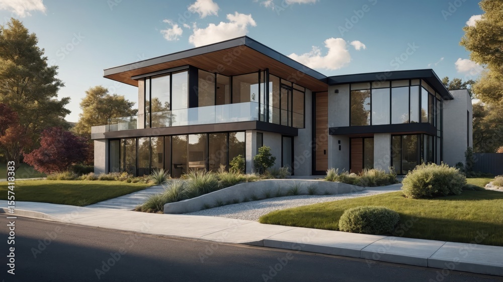 Fototapeta premium Sleek Modern House with Big Windows, Contemporary Design, Urban Architecture, Exterior View