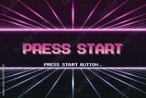 PRESS START. pixel art .8 bit game. retro game. for game assets .Retro Futurism Sci-Fi Background. glowing neon grid. and stars from vintage arcade computer games