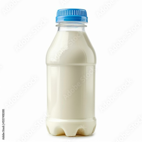 Small plastic bottle full of fresh milk closed with a blue cap, isolated on white