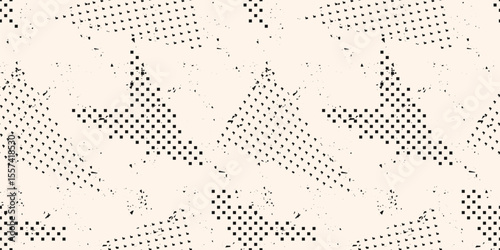 Abstract black and white grunge seamless pattern. Urban art texture with chaotic dirty shapes, dots, triangles, arrows. Monochrome halftone graffiti style vector background. Repeated design for print