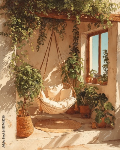 Serene sun-drenched patio corner, hanging chair surrounded by plants