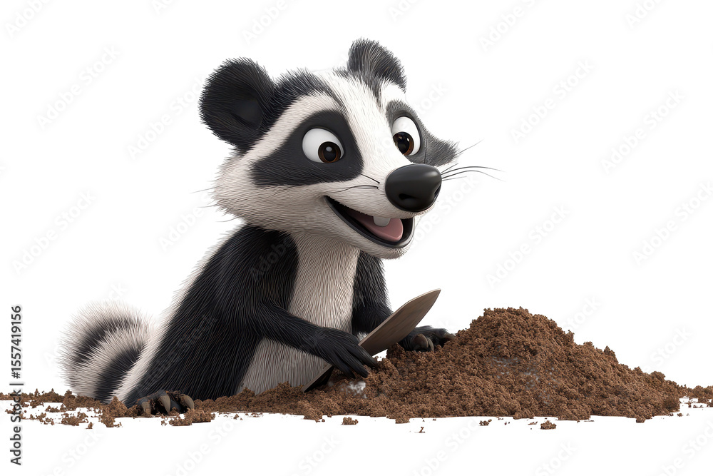 Obraz premium Badger digging hole 3d cartoon character on white background