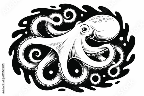 Black and white octopus illustration with tentacles and stylized water splash design