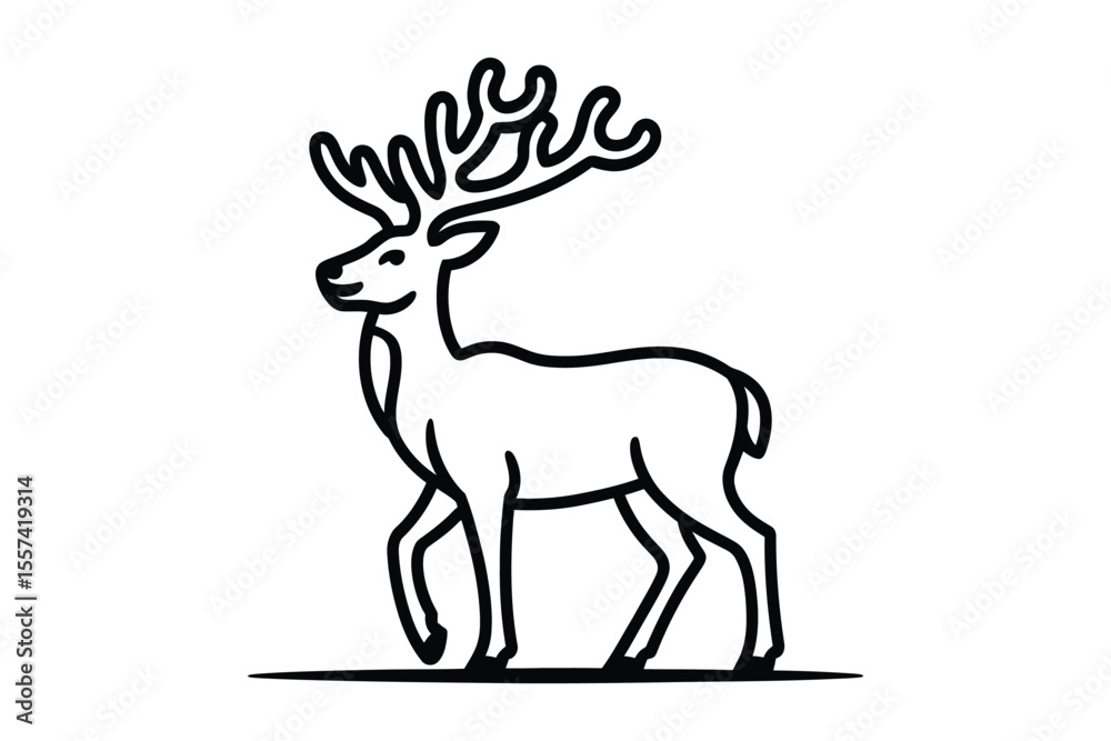 Obraz premium Black and white outline illustration of a deer with large antlers walking