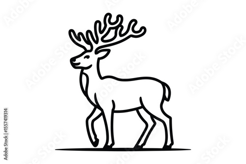 Black and white outline illustration of a deer with large antlers walking