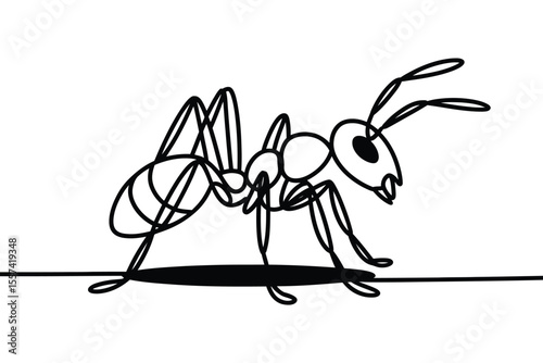Black and white outline drawing of an ant on a line