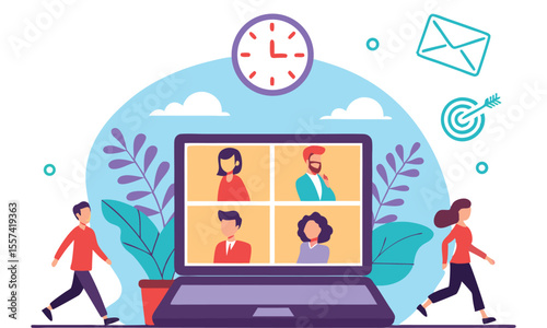 Diverse team members connect through a video conference call on a laptop symbolizing remote work collaboration and digital communication