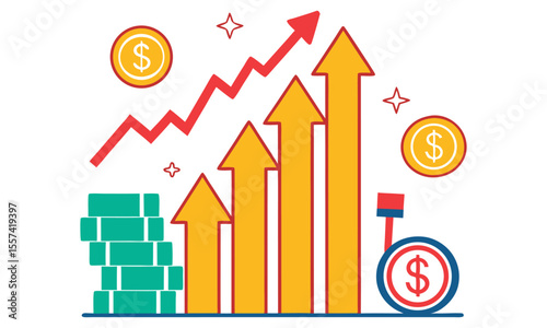 Financial growth and success depicted with rising arrows stacks of coins and dollar symbols representing increasing profits and positive economic trends