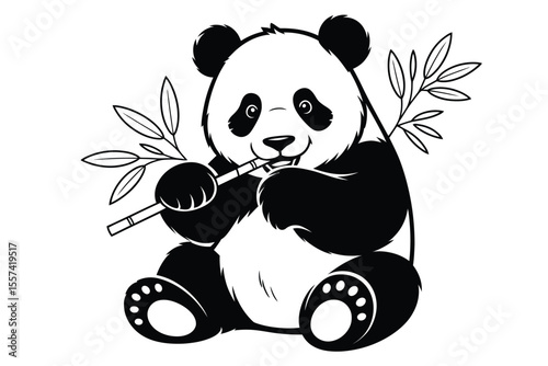 Black and white panda bear illustration eating bamboo with leaves