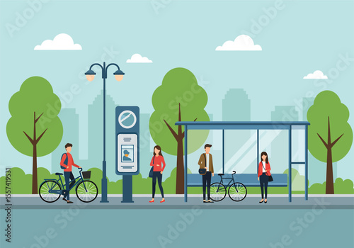People waiting at a city bus stop, cyclists nearby, under a sunny sky.