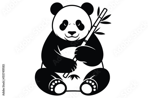 Black and white panda illustration holding bamboo sitting on white background
