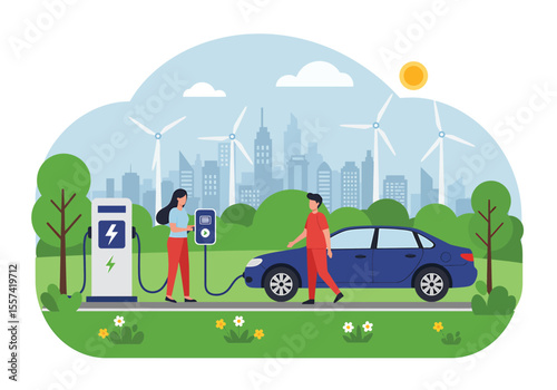 Illustration shows a man and woman charging an electric vehicle near a city.