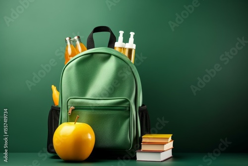 Green backpack with books, apple, and drinks against a green background