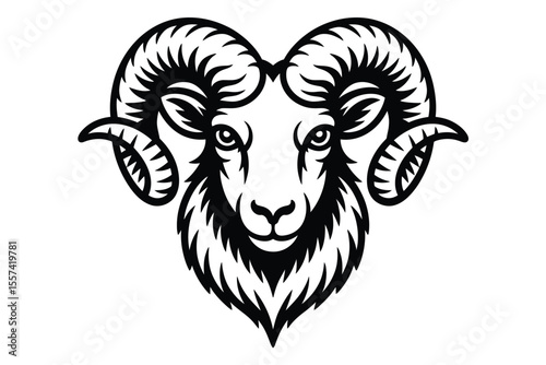 Black and white ram head illustration with curved horns and detailed fur 1