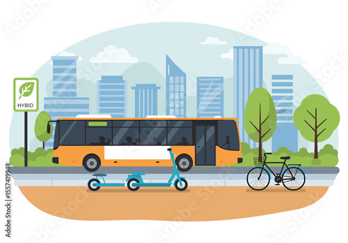An illustration of a city scene with public transport, including a bus, scooter and bicycle.