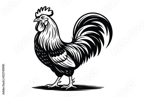 Black and White Rooster Illustration on White Background 1