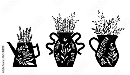 Modern pottery design, houseplants, ceramics illustration. Isolated vector graphic. Botanical silhouette in decorative vessels.