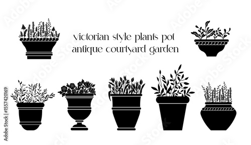 Modern pottery design, houseplants, ceramics illustration. Isolated vector graphic. Botanical silhouette in decorative vessels.