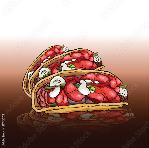 Delicious crunchy tacos with vegetables and meat reflecting on a surface