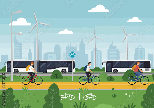 People cycling on a path with buses and wind turbines in a modern city.