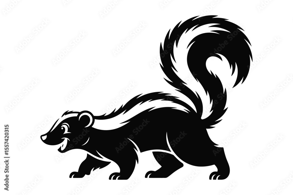 Fototapeta premium Black and White Skunk Illustration Walking with Tail Raised
