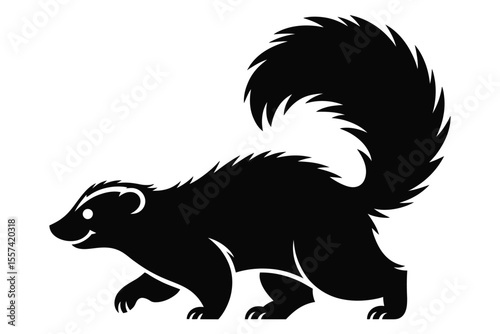 Black and white skunk illustration walking on white background