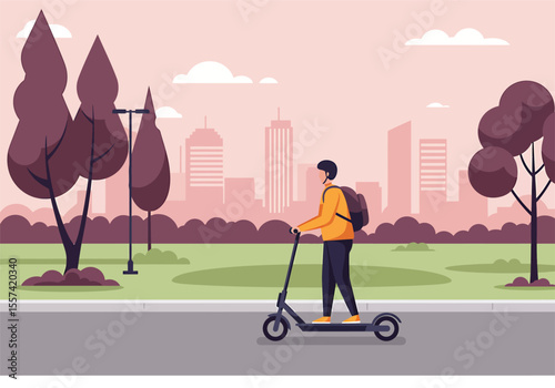 A person rides an electric scooter on a path in a park, with a city skyline in the background.