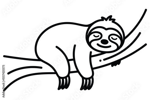Black and White Sloth Cartoon Resting on a Branch animal