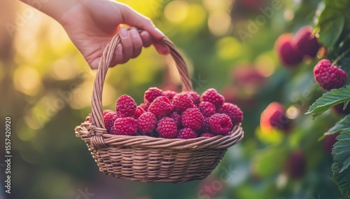 Hand holding a wicker basket filled with fresh raspberries in a sunlit garden