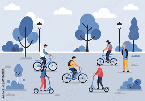 People riding bikes and scooters in a park with trees and streetlights on a pleasant day.