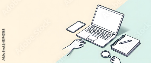 Workspace with laptop, smartphone, and magnifying glass on a desk.