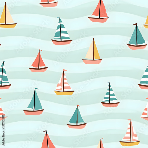 Colorful sailboats sail across wavy water in a repeating, cheerful pattern.