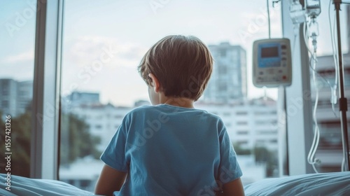 Boy in Blue T-Shirt Sitting on Hospital Bed Looking out Back view of kid patient