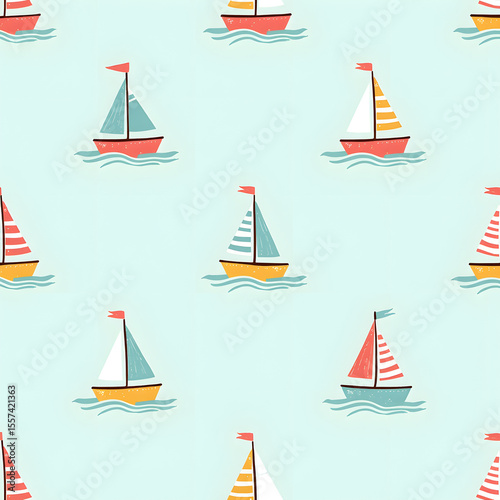 Playful sailboat pattern in shades of blue, red, and yellow, perfect for summer themes.