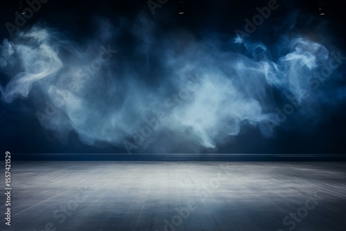 Mysterious smoke filling a dark room with wooden floor and spotlights  creating a dramatic and atmospheric scene