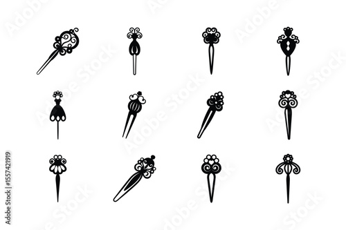 Set of Decorative Hairpins in Black Silhouette Style