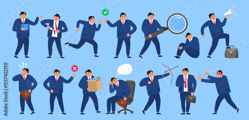 businessman in various poses and situations scenes set office worker vector illustration