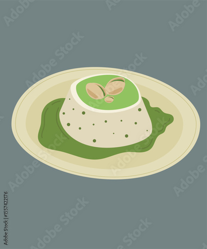 Flat Design Illustration with Sauce and Pudding Pistachio Tasty 