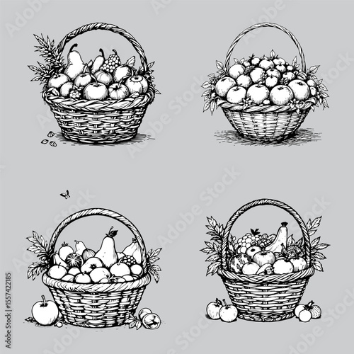 Set of four wicker baskets with a variety of fruits, including apples, pears, grapes and a banana. The baskets are surrounded by leaves, creating a cozy and colorful composition.trace