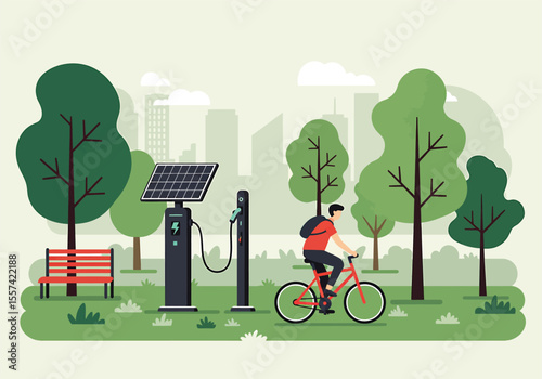 Illustration of a man riding a bicycle in a park with solar-powered charging stations and city skyline in the background.