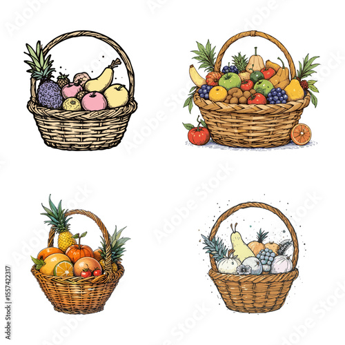 Set of four wicker baskets filled with a variety of fruits, including apples, pears, bananas and grapes. Bright colors and freshness .trace
