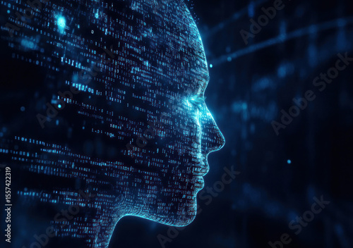 A digital profile of a human head, designed with code and network graphics. It represents the future of technology and artificial intelligence, focusing on the human-machine interface.