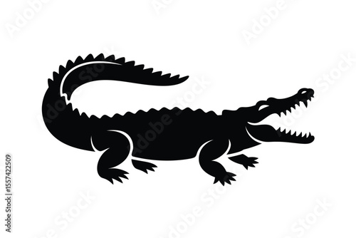 Black Crocodile Silhouette with Open Mouth and Spiked Back on White Background