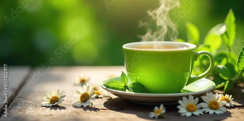 Sunlit Cup of Herbal Tea Fresh Mint and Chamomile, Perfect for Wellness and Relaxation