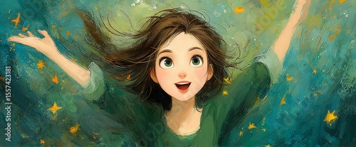 Joyful girl with outstretched arms in a dreamy, vibrant world
