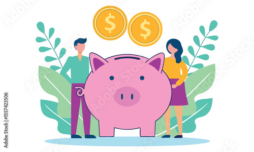 Couple saving money in a piggy bank with gold coins and plants symbolizing growth and financial planning for a secure future together