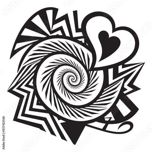 Abstract spiral heart design black white art