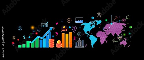 Abstract finance icons depicting growth, analytics, banking, investment, and global economy, financial icons, digital